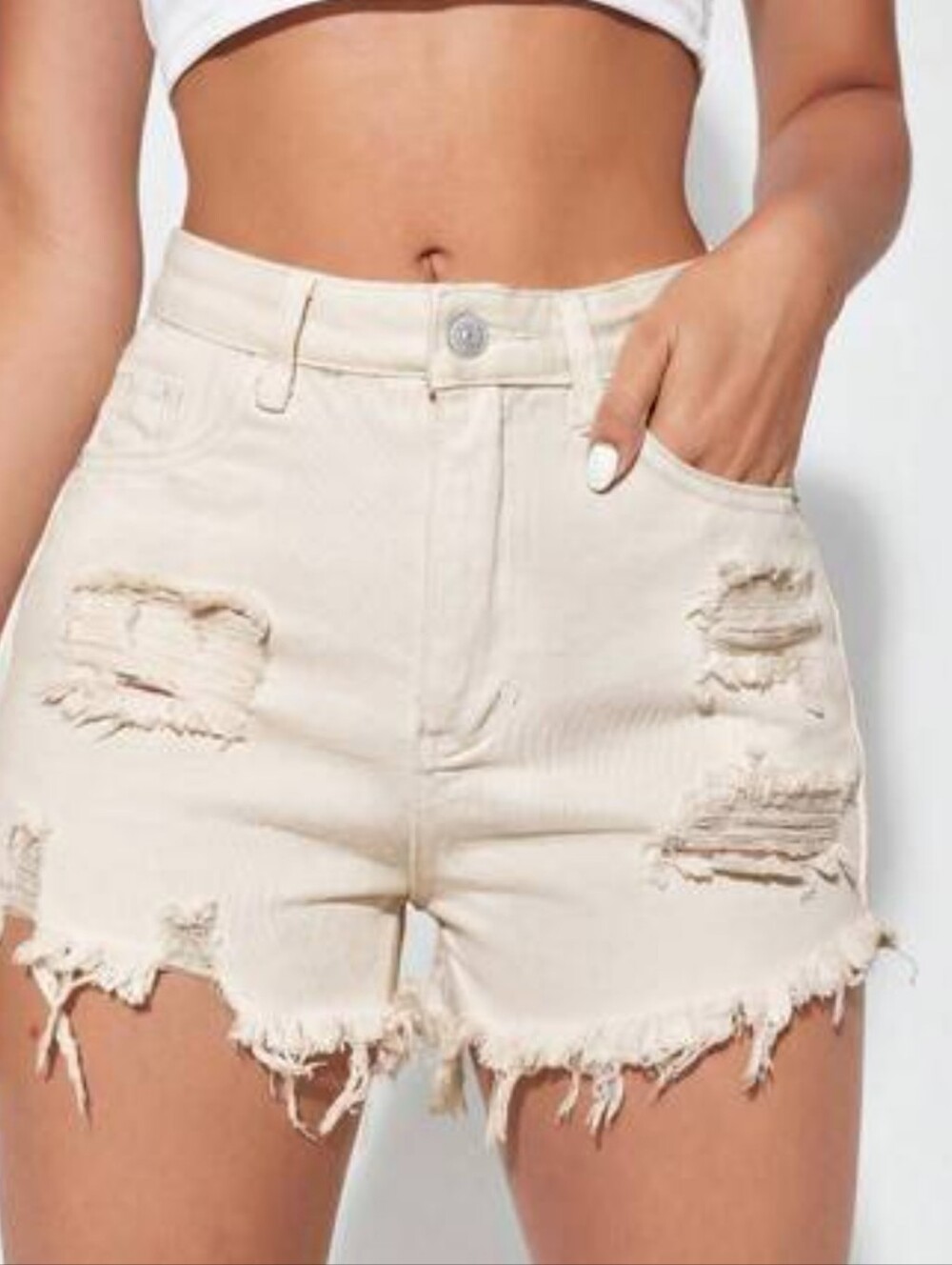Zara Cream Distressed Frayed Denim Shorts